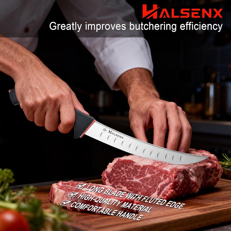 HALSENX سكين جزار 8" - شفرة من الفولاذ الألماني 1.4116 منحنية مع حافة مجوفة، سكين تقطيع للحوم، شواء، ستيك - مقبض ناعم غير قابل للانزلاق - Image 5